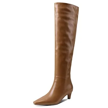 Women's Stylish Square Toe Matte Leather Slip On Autumn Winter Wide Calf Comfort Slouch Low Kitten H...