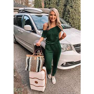 PRETTYGARDEN Women's Loose Solid Off Shoulder Elastic Waist Stretchy Long Romper Jumpsuit (Dark Green,Medium)