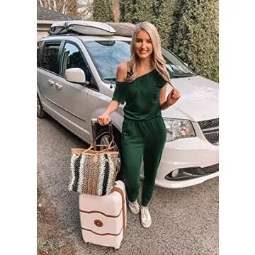 PRETTYGARDEN Women's Loose Solid Off Shoulder Elastic Waist Stretchy Long Romper Jumpsuit (Dark Green,Medium)