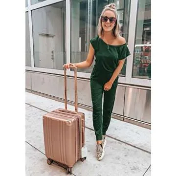 PRETTYGARDEN Women's Loose Solid Off Shoulder Elastic Waist Stretchy Long Romper Jumpsuit (Dark Green,Medium)