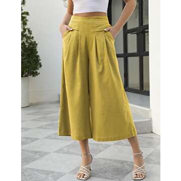 Gihuo Women' s Casual Cotton Linen Palazzo Pants Elastic Waist Wide Leg Culottes (Yellow-S)
