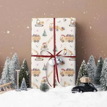 SaringSwoon Construction Christmas Wrapping Paper for Kids - Holiday Wrapping Paper with Dump Trucks, Cranes, Excavators with Santa Hats & Gifts, Christmas Tree - 40×28 Inches, 4 Folded Sheets