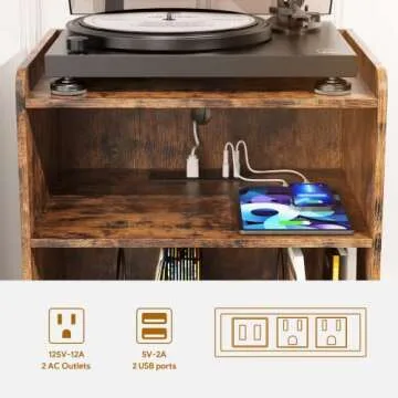 Record Player Stand, Turntable Stand with Record Storage and Charging Station & USB Ports, Record Player Table with Metal Divider, Record Stand Up to 120 Albums for Living Room, Bedroom Brown