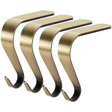 Palonu Metal Christmas Stocking Holders - 4 Bronze Hooks for Mantel Decor