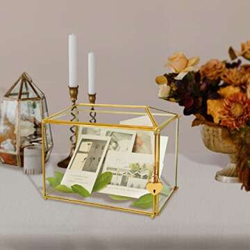 BAERRYNA Gold Wedding Glass Card Box with Lock and Slot - Wedding Envelope Card Holder for Reception Clear Lock Box with Key Wedding Gold Glass Card Holder Handmade Vintage Wedding Card Box