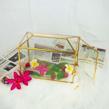 BAERRYNA Gold Wedding Glass Card Box with Lock and Slot - Wedding Envelope Card Holder for Reception Clear Lock Box with Key Wedding Gold Glass Card Holder Handmade Vintage Wedding Card Box