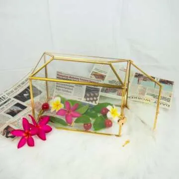 BAERRYNA Gold Wedding Glass Card Box with Lock and Slot - Wedding Envelope Card Holder for Reception Clear Lock Box with Key Wedding Gold Glass Card Holder Handmade Vintage Wedding Card Box