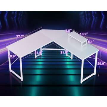 AODK L Shaped Gaming Desk, Computer Corner Desk, PC Gaming Desk Table with Large Monitor Riser Stand for Home Office Sturdy Writing Workstation,51 * 19 inch,White