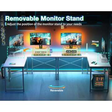 AODK L Shaped Gaming Desk, Computer Corner Desk, PC Gaming Desk Table with Large Monitor Riser Stand for Home Office Sturdy Writing Workstation,51 * 19 inch,White