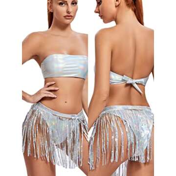 Rave Outfits for Women - EDC Festival Metallic Holographic Bodysuit Bandeau Top Sequin Tassels Skirt 3 Pcs Bikini(Silver,M,1005e)