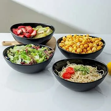 Hasense Serving Bowls, Porcelain Soup Bowls Set of 4, 36 OZ Black Serving Dishes for Entertaining, Perfect for Salad Side Dishes Pasta Popcorn, Dishwasher Microwave Safe