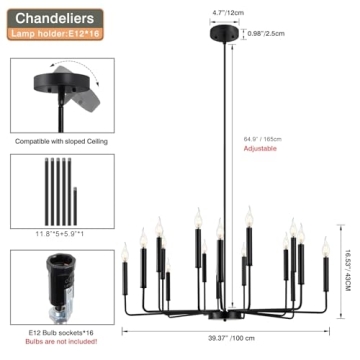 Yiisem Modern Farmhouse Black Chandelier 16-Light Design