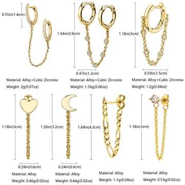 7Pcs Chain Hoop Earrings Chain Stud Earrings Set Gold Plated Dainty Double Piercing Earrings Tassel Chain Drop Dangle Huggie Hoop Earrings for Women