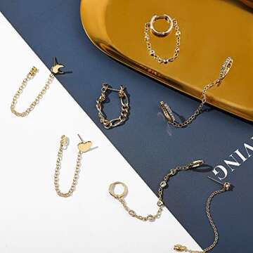 7Pcs Chain Hoop Earrings Chain Stud Earrings Set Gold Plated Dainty Double Piercing Earrings Tassel Chain Drop Dangle Huggie Hoop Earrings for Women