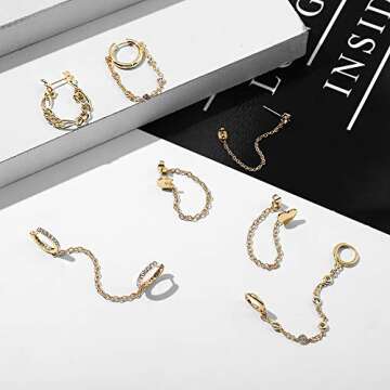 7Pcs Chain Hoop Earrings Chain Stud Earrings Set Gold Plated Dainty Double Piercing Earrings Tassel Chain Drop Dangle Huggie Hoop Earrings for Women