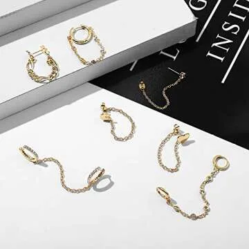 7Pcs Chain Hoop Earrings Chain Stud Earrings Set Gold Plated Dainty Double Piercing Earrings Tassel Chain Drop Dangle Huggie Hoop Earrings for Women