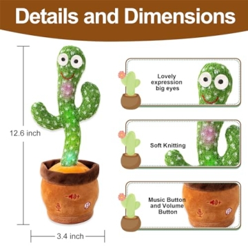 MIAODAM Volume Adjustable Dancing Cactus, Colorful Glowing Talking Cactus Toy, Repeating What You Say Cactus Toys Singing 120 Songs Cactus Plush Eletronic Baby Toys Funny Creative Kids Toy