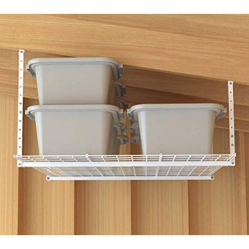 HyLoft Overhead Garage Storage Rack, Adjustable Ceiling Storage for Garage, Heavy Duty Steel Garage Storage System, 45-Inch x 45-Inch, White