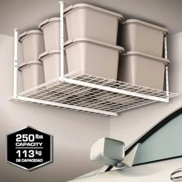 HyLoft Overhead Garage Storage Rack, Adjustable Ceiling Storage for Garage, Heavy Duty Steel Garage Storage System, 45-Inch x 45-Inch, White
