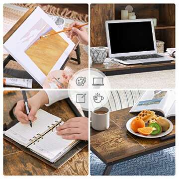 SONGMICS Laptop Desk, Bed Sofa Breakfast Tray, Adjustable Tilt Top, Right-Left Handed, Adjustable Folding Legs, Drawer, Rustic Dark Brown ULLD110B01