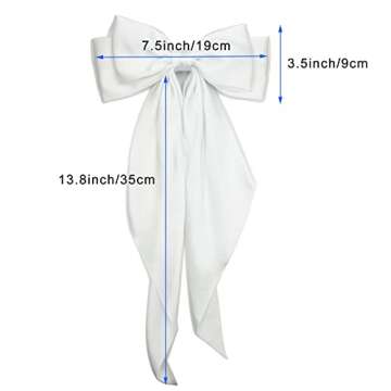 Satin Hair Barrettes Clip for Women Large Bow Hair Slides Metal Clips French Barrette Bowknot with Long Tail Silk Hair Bow Hairpin 90's Hair Accessories (White+Navy Blue)