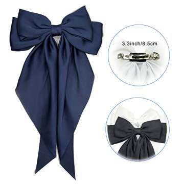 Satin Hair Barrettes Clip for Women Large Bow Hair Slides Metal Clips French Barrette Bowknot with Long Tail Silk Hair Bow Hairpin 90's Hair Accessories (White+Navy Blue)