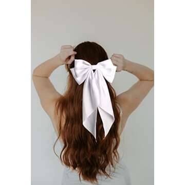 Satin Hair Barrettes Clip for Women Large Bow Hair Slides Metal Clips French Barrette Bowknot with Long Tail Silk Hair Bow Hairpin 90's Hair Accessories (White+Navy Blue)