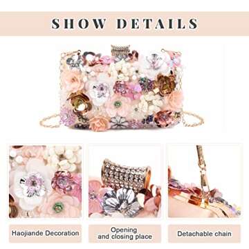 Fecialy Women's Floral Evening Handbags Colorful Rhinestone Clutch Purses Floral Bride Wedding Handbag Chain Shoulder Bag
