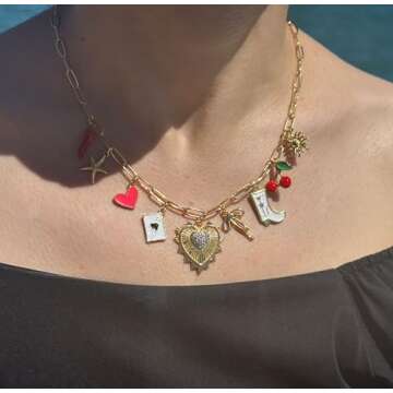 Qyalie Charm Necklace For Women Shell Heart Necklaces Gold Charms Pendant Paperclip Chain Boho Summe...