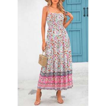 CFLONGE Summer Dress for Women Casual Dresses Flowy Floral Smocked Maxi Sun Dresses with Pockets Sle...