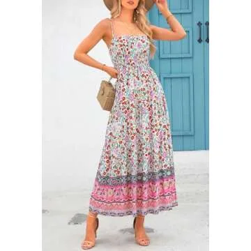 CFLONGE Summer Dress for Women Casual Dresses Flowy Floral Smocked Maxi Sun Dresses with Pockets Sleeveless Tank Beach Sundresses(White Red Flower,Small)