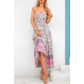 CFLONGE Summer Dress for Women Casual Dresses Flowy Floral Smocked Maxi Sun Dresses with Pockets Sleeveless Tank Beach Sundresses(White Red Flower,Small)