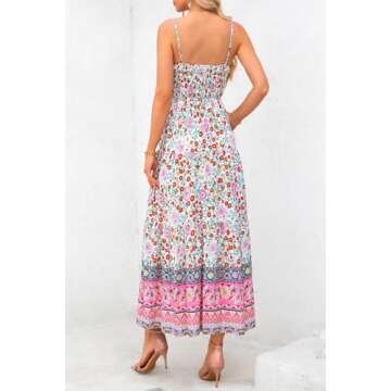 CFLONGE Summer Dress for Women Casual Dresses Flowy Floral Smocked Maxi Sun Dresses with Pockets Sleeveless Tank Beach Sundresses(White Red Flower,Small)