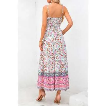 CFLONGE Summer Dress for Women Casual Dresses Flowy Floral Smocked Maxi Sun Dresses with Pockets Sleeveless Tank Beach Sundresses(White Red Flower,Small)