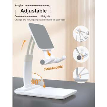 KOTUDAY Cell Phone Holder for Desk, Foldable iPhone Stand Adjustable, Portable Hands Free Mobile Phone Stand for Office, Travel, Video Recording, Filming, White
