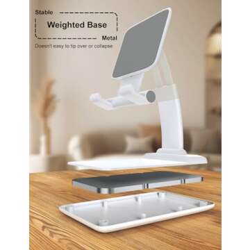 KOTUDAY Cell Phone Holder for Desk, Foldable iPhone Stand Adjustable, Portable Hands Free Mobile Phone Stand for Office, Travel, Video Recording, Filming, White