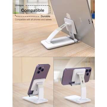 KOTUDAY Cell Phone Holder for Desk, Foldable iPhone Stand Adjustable, Portable Hands Free Mobile Phone Stand for Office, Travel, Video Recording, Filming, White