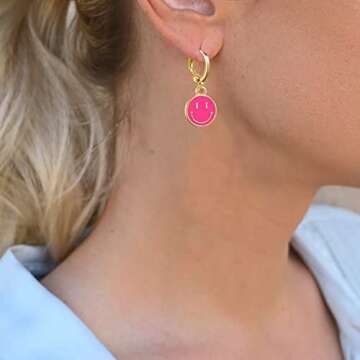 Preppy Earrings for Women Smile Face Heart Charms Pendants Gold Small Huggie Hoop Dangle Drop Earrings Trendy Y2K Jewelry Gifts