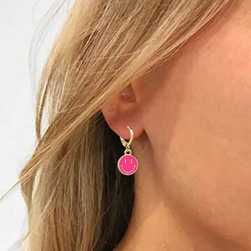Preppy Earrings for Women Smile Face Heart Charms Pendants Gold Small Huggie Hoop Dangle Drop Earrings Trendy Y2K Jewelry Gifts