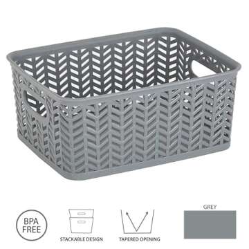 Simplify Small Herringbone Bin | Storage Tote Basket | Organizer | Decorative | Good for Closets | Countertops | Desks | Dressers | Accessories | Cleaning Products | Sports Equipment | Toys | Grey