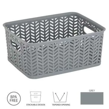 Simplify Small Herringbone Bin | Storage Tote Basket | Organizer | Decorative | Good for Closets | Countertops | Desks | Dressers | Accessories | Cleaning Products | Sports Equipment | Toys | Grey