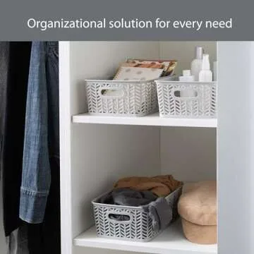 Simplify Small Herringbone Bin | Storage Tote Basket | Organizer | Decorative | Good for Closets | Countertops | Desks | Dressers | Accessories | Cleaning Products | Sports Equipment | Toys | Grey