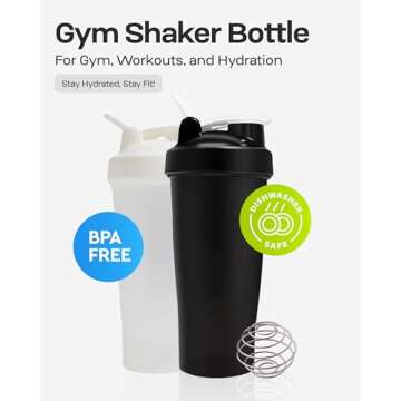 Protein Shaker Bottle for Gym - Pre Workout Protein Drink Shaker Cup 20 Fl oz, Dishwasher Safe, BPA & Phthalate free Shaker Bottle Blender, Gym Shaker for Protein Shake - Black or White (Random Color)