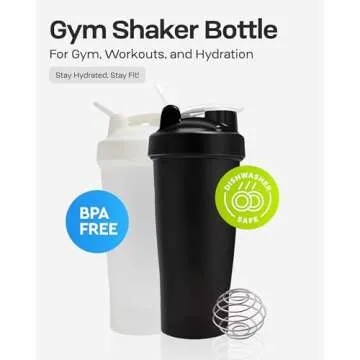 Protein Shaker Bottle for Gym - Pre Workout Protein Drink Shaker Cup 20 Fl oz, Dishwasher Safe, BPA & Phthalate free Shaker Bottle Blender, Gym Shaker for Protein Shake - Black or White (Random Color)