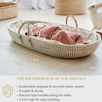 BEBE BASK Premium Baby Changing Basket - Artisan-Crafted Seagrass - Rope Handles - Changing Basket for Baby Dresser - All Accessories Included - Complete Set for Nursery (Natural)