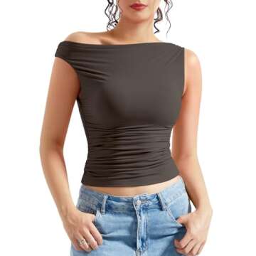 OMKAGI Women One Off Shoulder Y2K Tops - Stylish Double Lined Slim Fit Tee