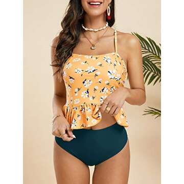 FERBIA Women High Waisted Tankini Swimsuit Two Piece Falbala Tankini Halter Ruffle Peplum Bikini Swi...