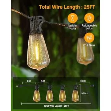 Doukedge Outdoor String Lights Waterproof, 25 Feet Patio Lights with 13 ST38 Edison Bulbs(1 Sqare), ...