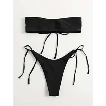 SOLY HUX Women's Bandeau Tie Side Bikini Bathing Suits Leaf Print 2 Piece Swimsuits Black Plain L