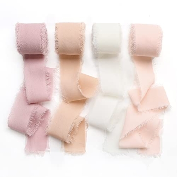Pieaary Handmade Fringe Chiffon Silk Ribbon 4 Rolls/1" x 5Yd Per Roll,Pink & Cream Frayed Edges Ribb...